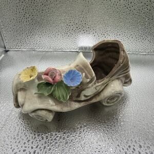 Rare Vintage Nuova Capodimonte Pottery Porcelain Miniature Car Buggy 3 Flowers